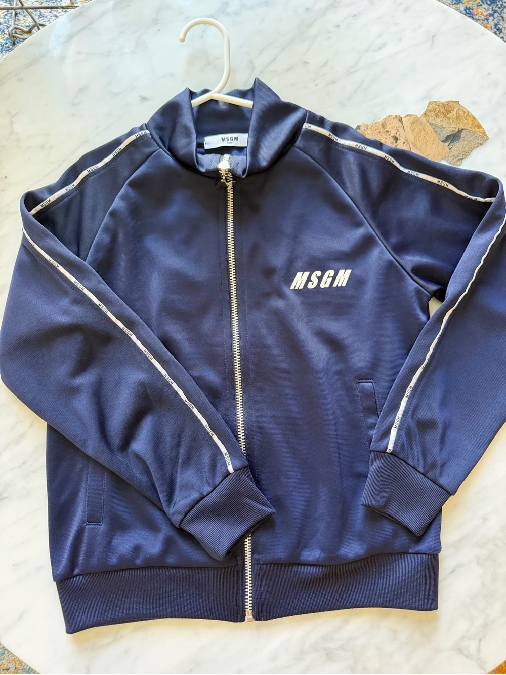 Kids MSGM Navy Bomber Track Jacket with White Logo Piping